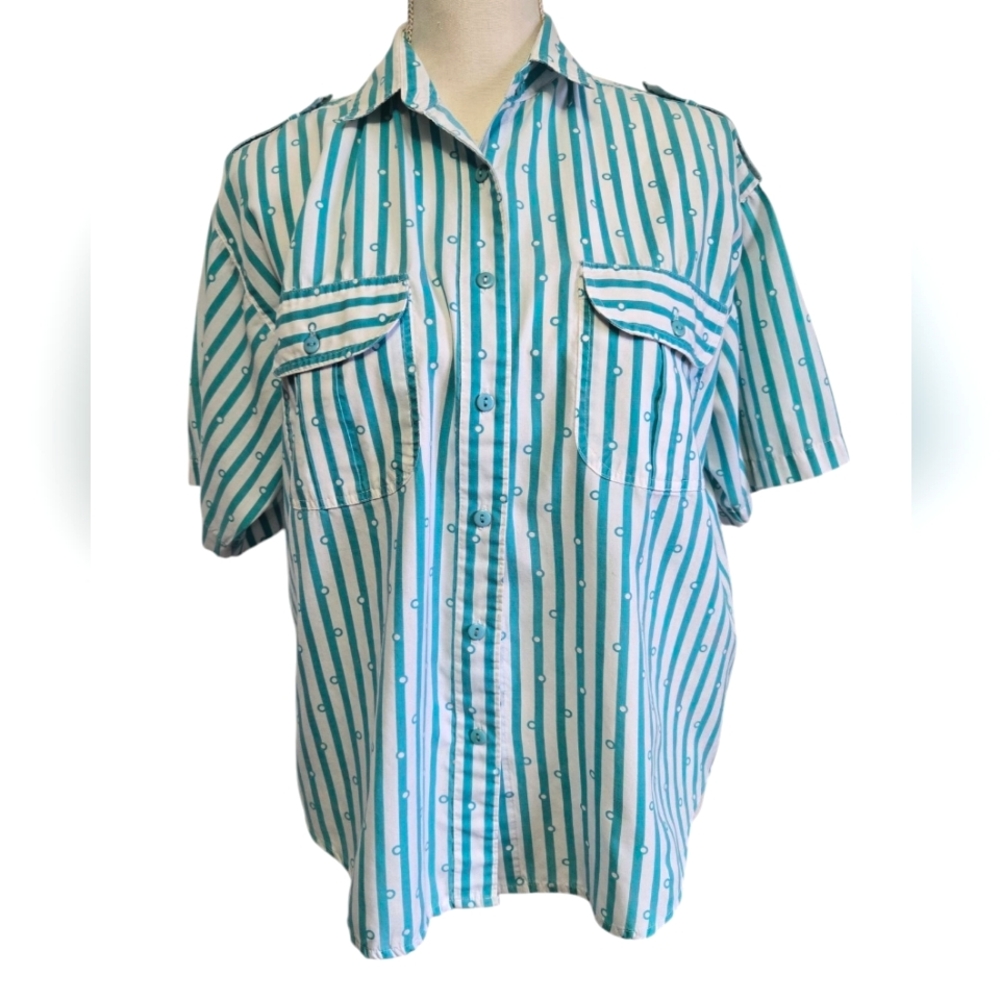 Y2K Vintage Liz Thomas Teal Striped Button Down Shirt Blouse